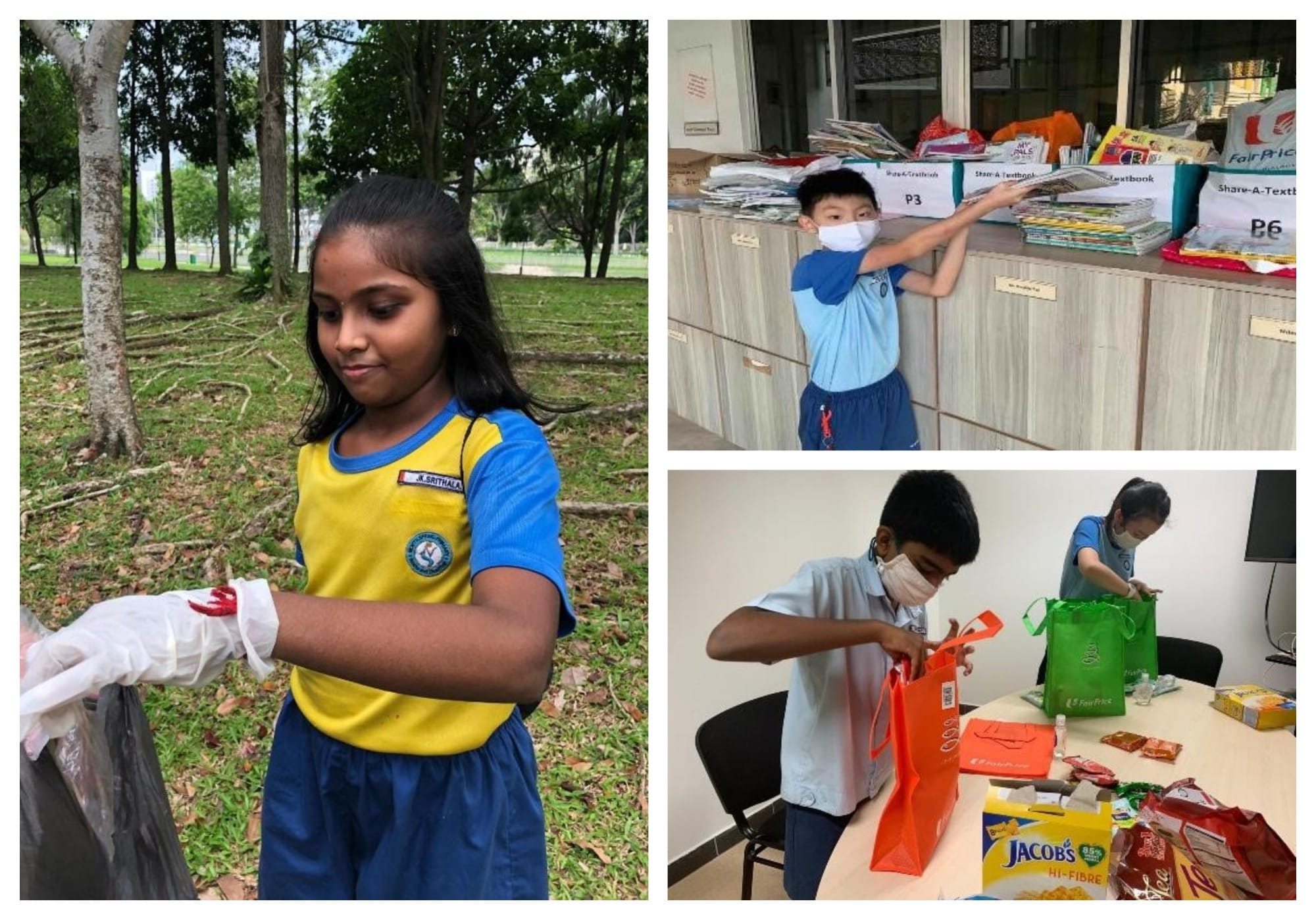 Three photos of school children doing community service: collecting litter, donating textbooks, and packing food items.