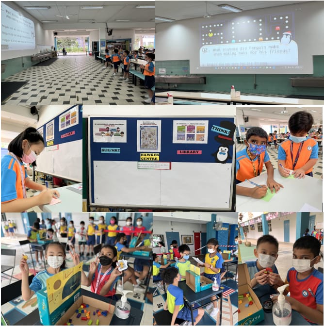 Young students in school uniforms and masks participate in classroom activities, including group tasks and a quiz.
