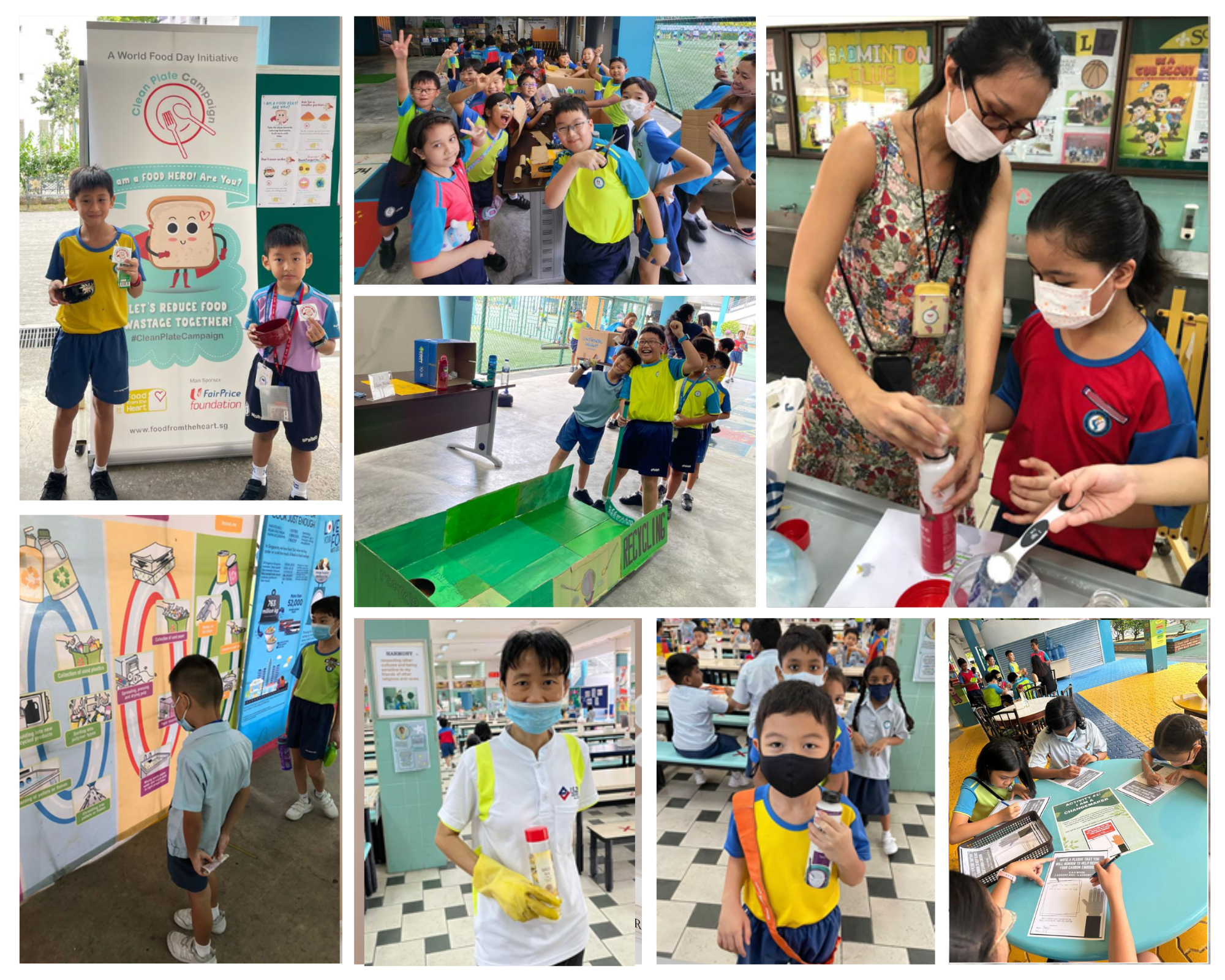 Collage of schoolkids in masks doing food waste activities, posters, and a teacher helping at a table.