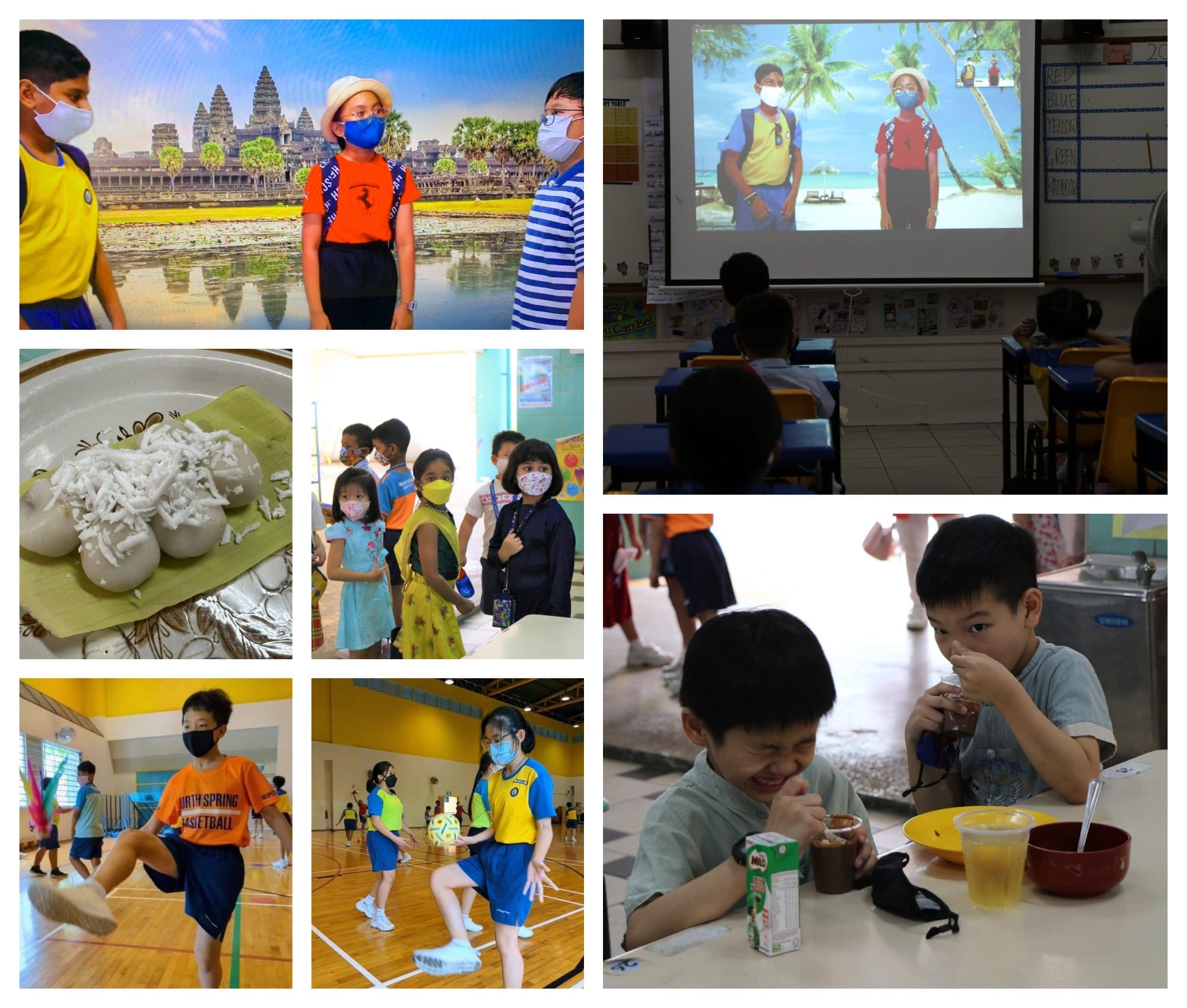 Collage of masked children in school activities including sports, eating, a classroom lesson, and a temple backdrop photo.
