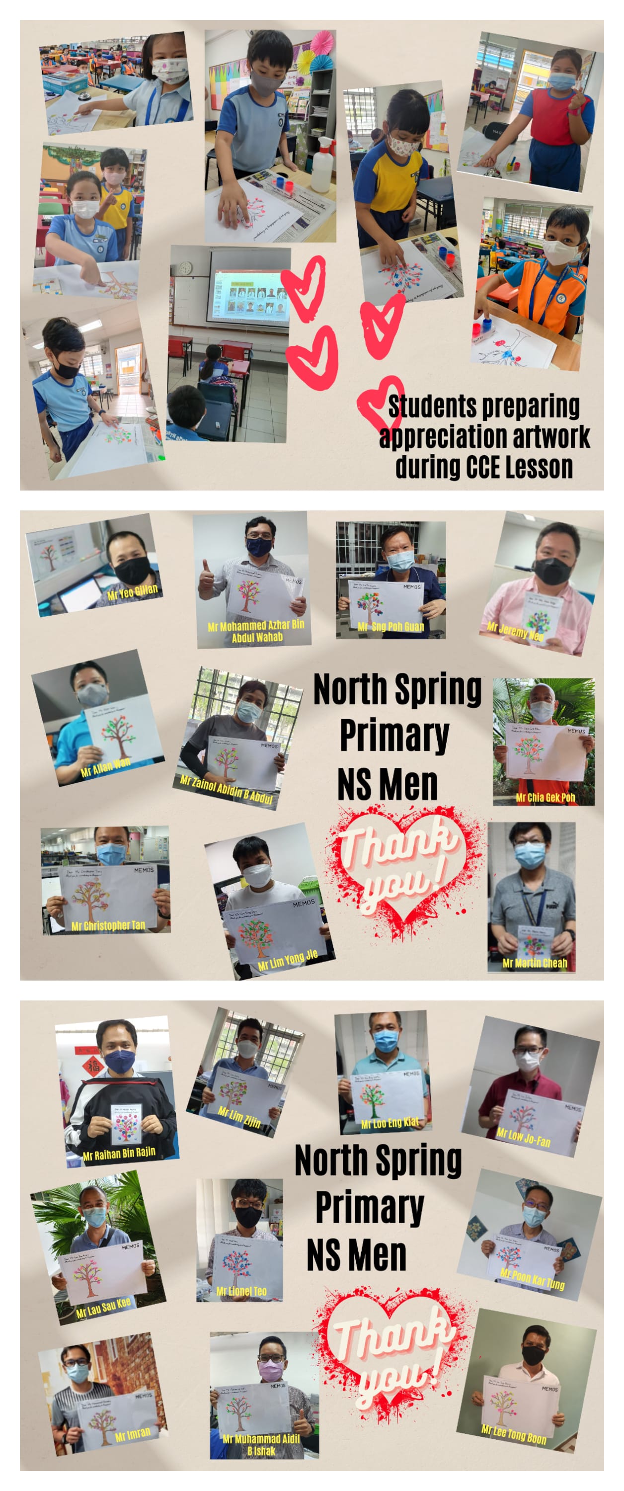 Masked students create artwork, and North Spring Primary NS Men hold thank-you cards with colorful tree drawings.