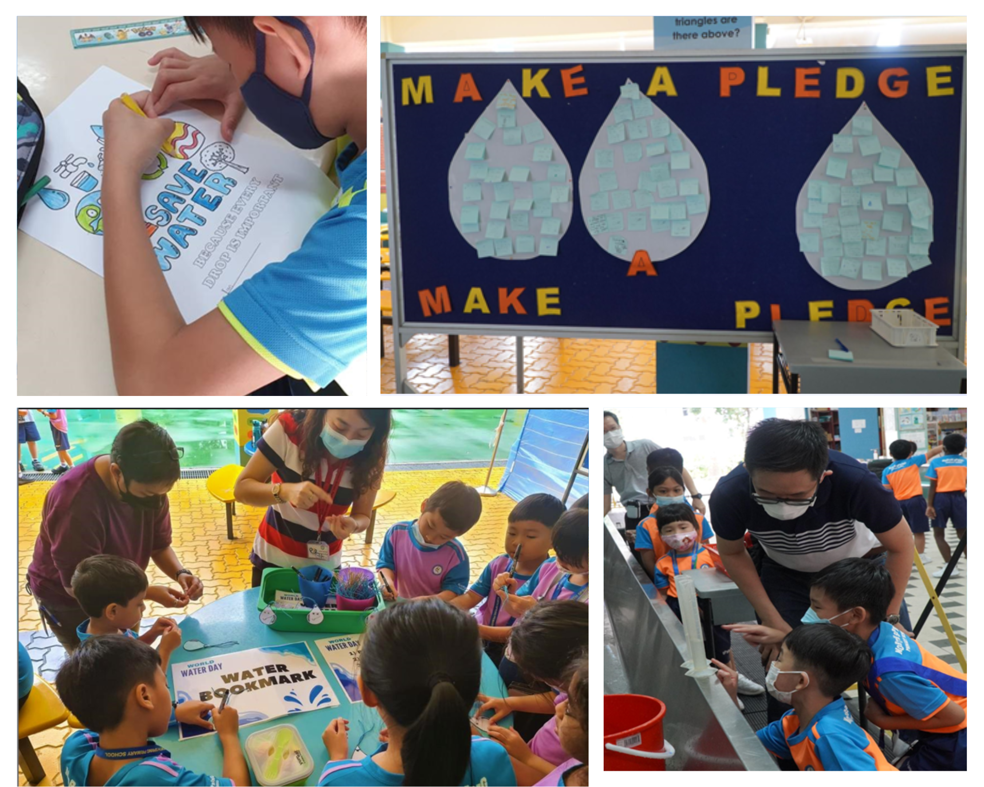 Children participate in World Water Day activities including a pledge board, bookmark making, and a water experiment.