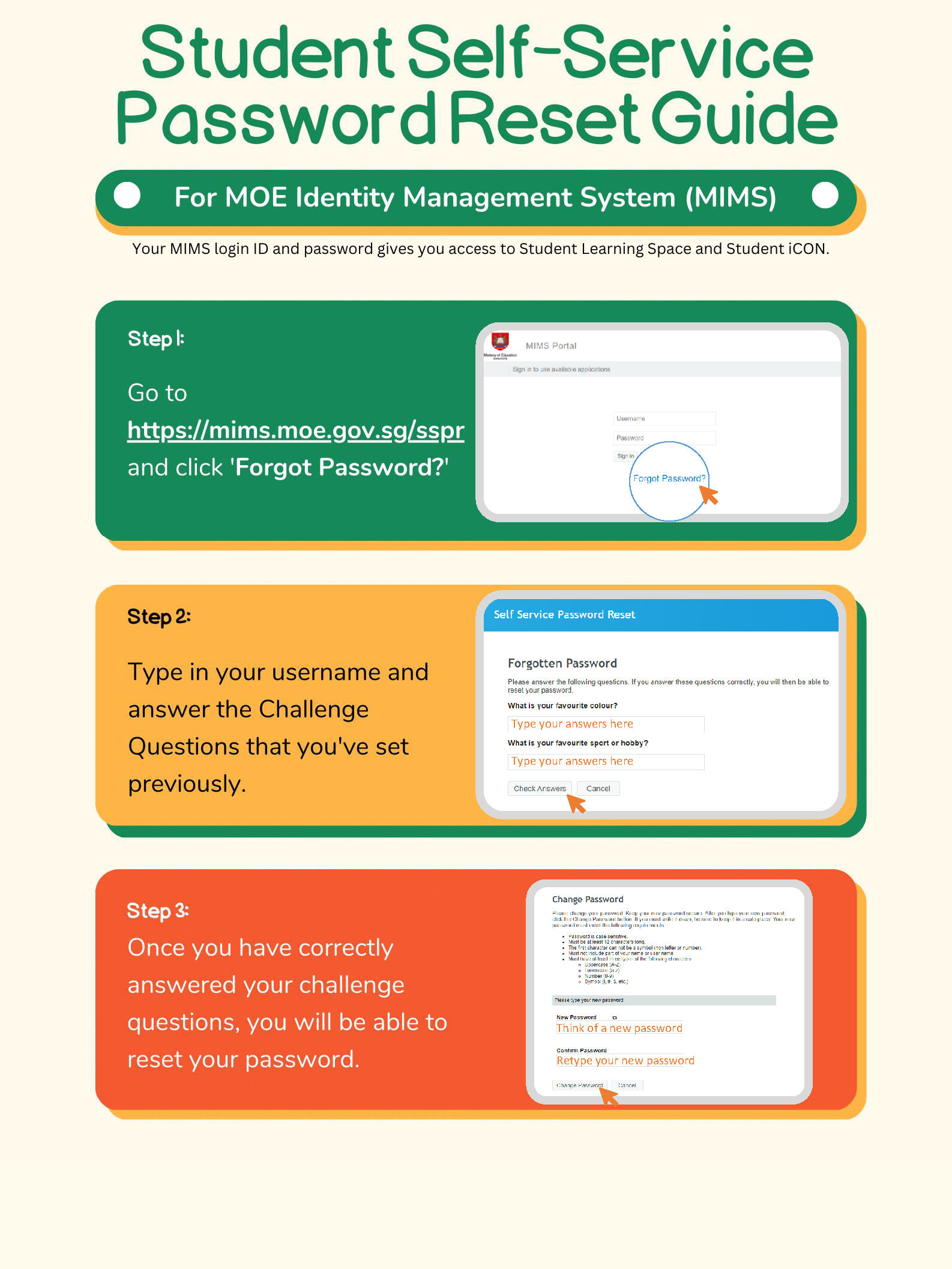 Three-step guide for resetting a student MIMS password, with screenshots of the login and reset forms.