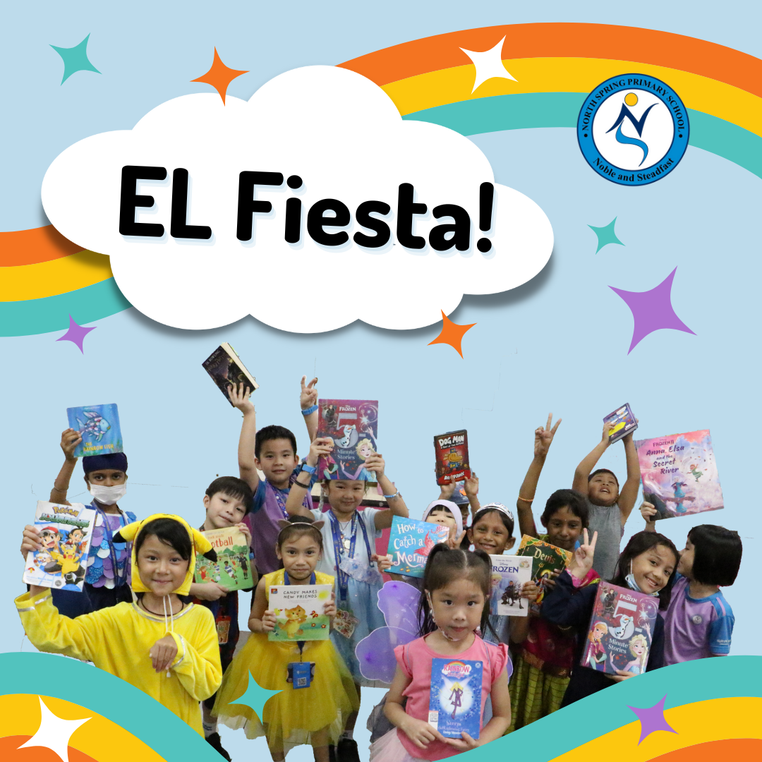 Group of children in costumes holding up books under a cloud reading "EL Fiesta!" with a rainbow background.