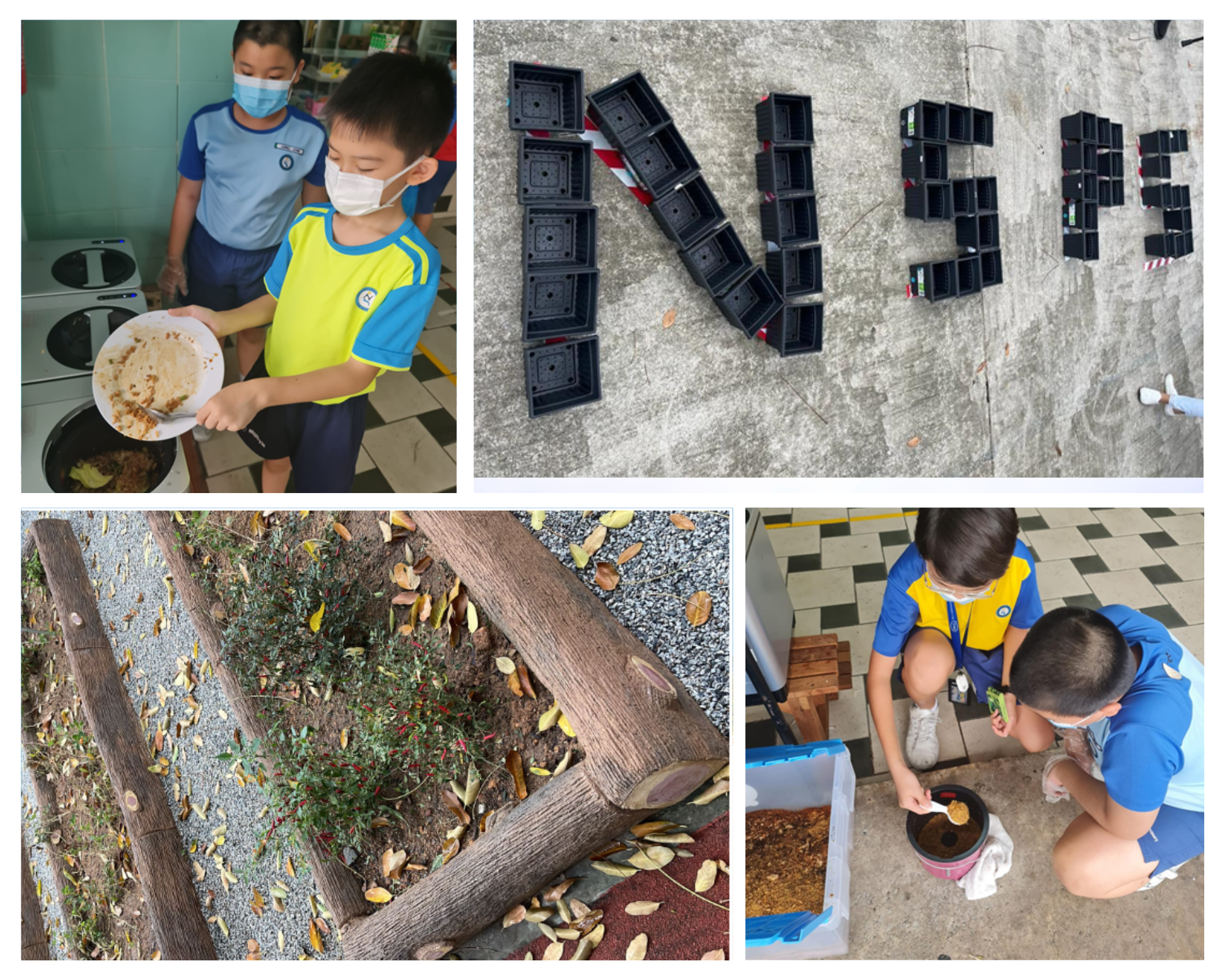 Collage of masked students composting food scraps, crates spelling NEST, garden bed, and kids stirring a pail.