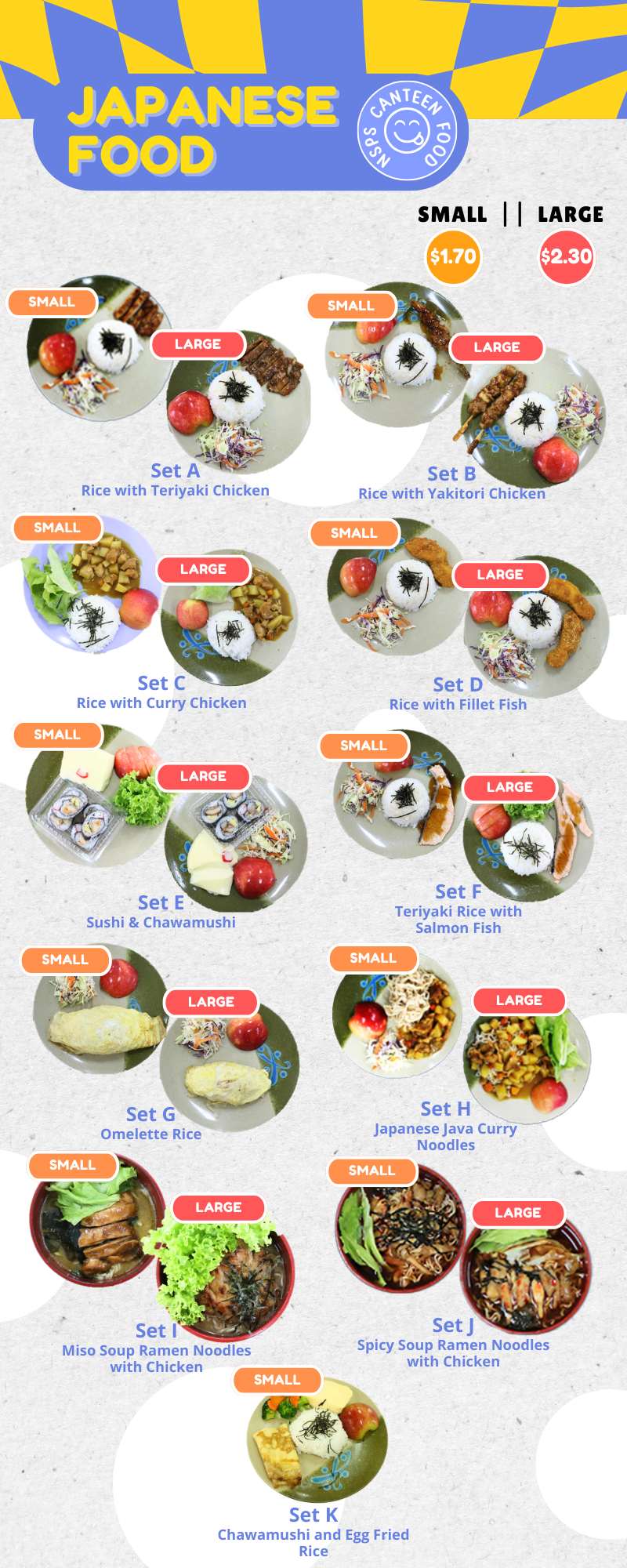 Japanese food canteen menu showing Sets A through K with small and large meal photos priced at $1.70 and $2.30.