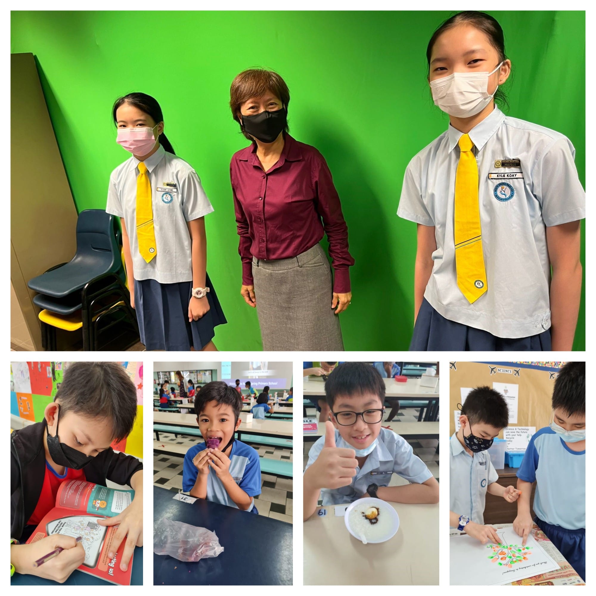 Masked students in school uniforms with yellow ties pose with a teacher; smaller photos show kids reading, eating, and doing crafts.