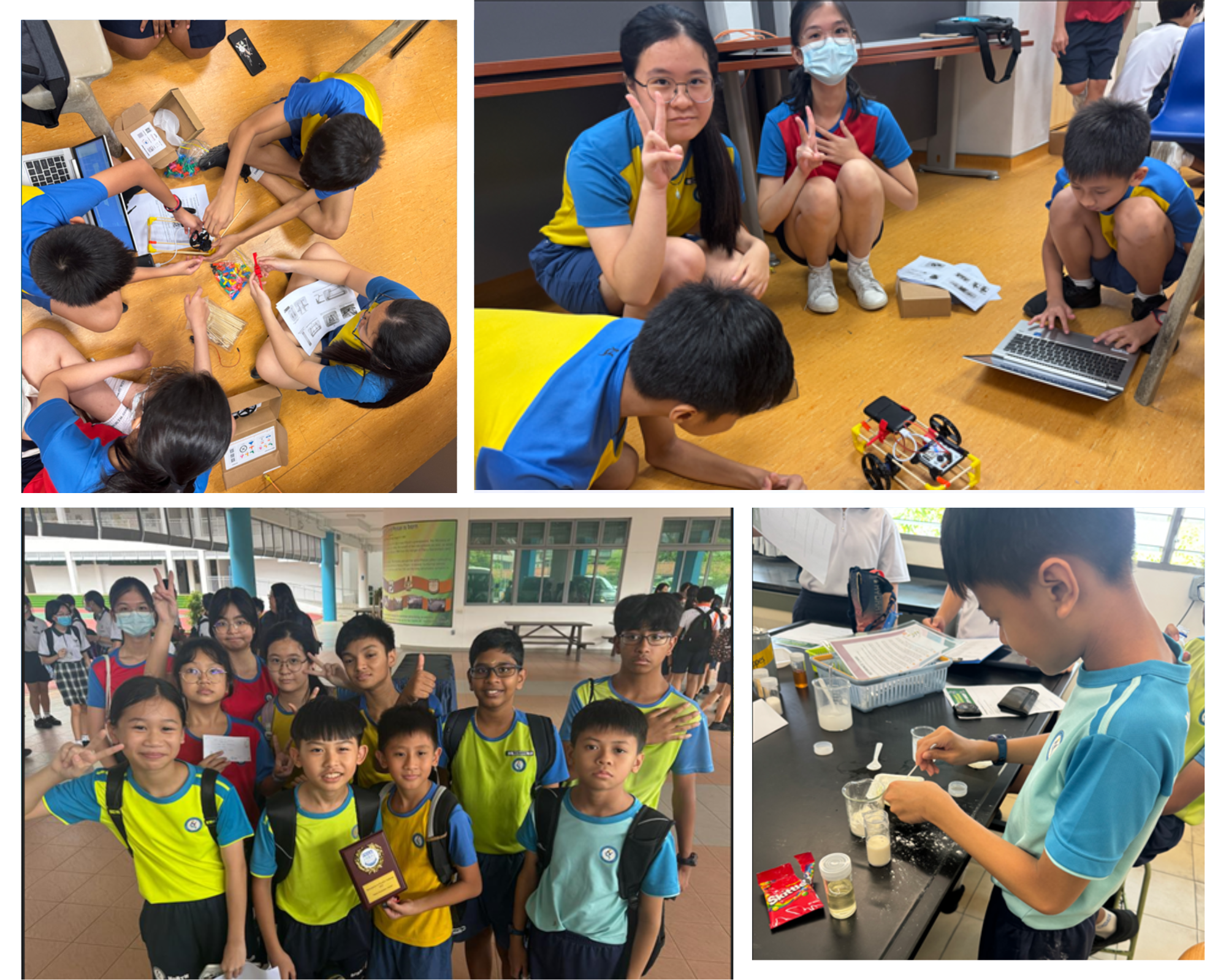 Collage of students building a small robot, posing in a group, and doing a science experiment at a lab table.