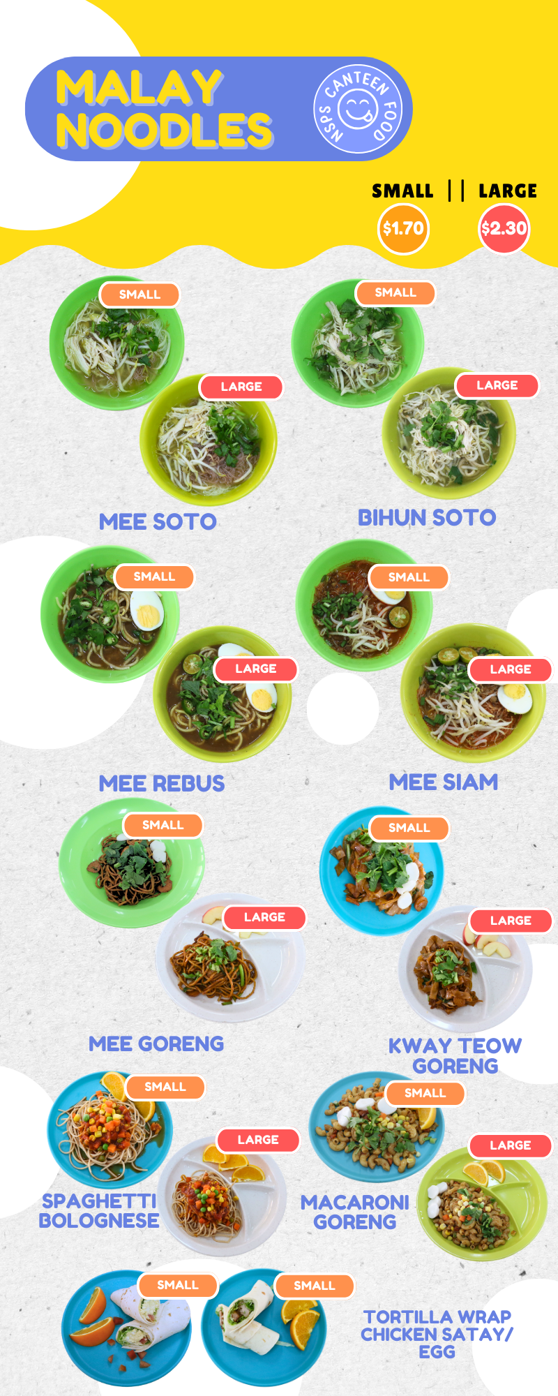 Malay noodles canteen menu showing 8 dishes with small and large sizes priced at $1.70 and $2.30.