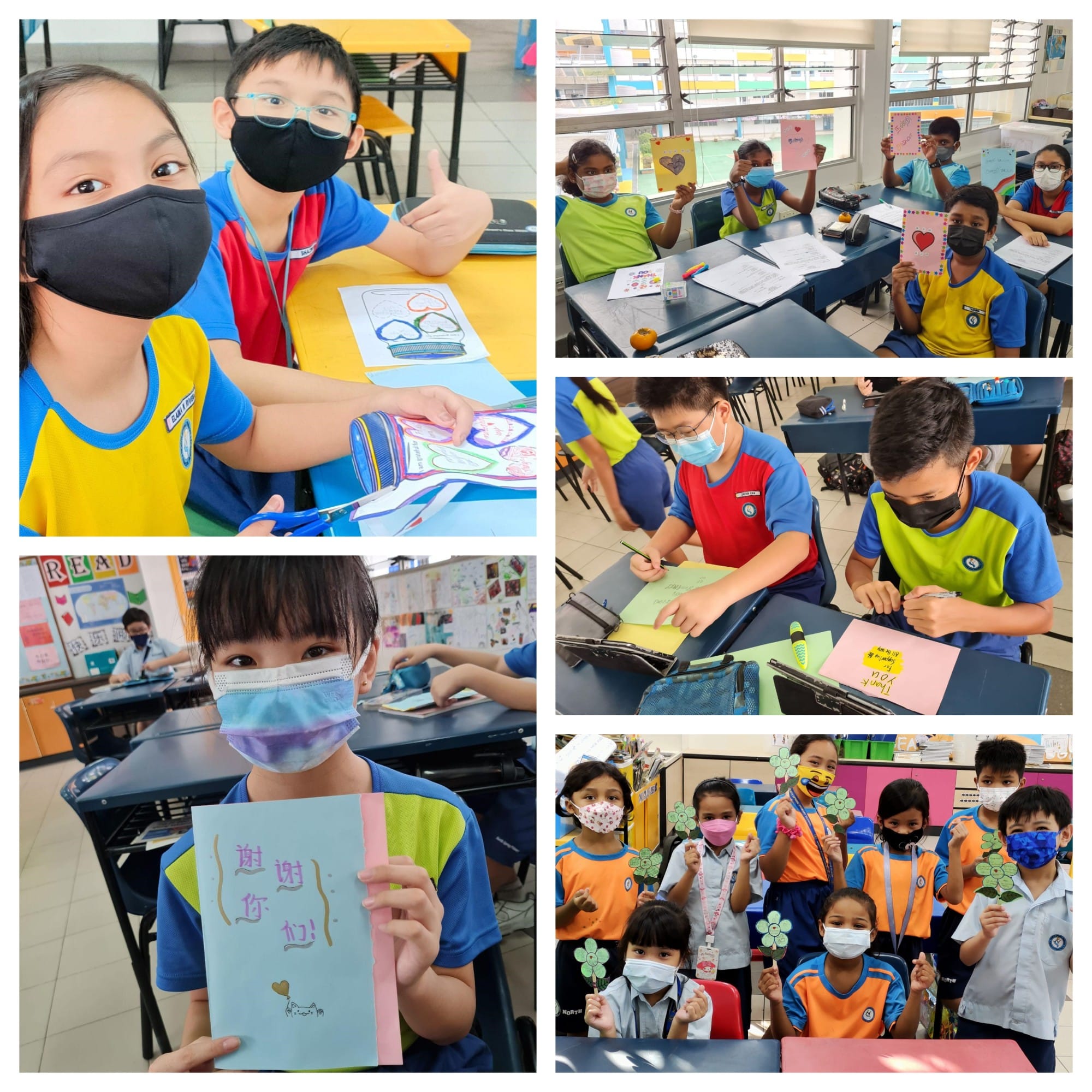 Masked schoolchildren in classrooms hold up handmade cards and paper flowers, smiling and giving thumbs up.