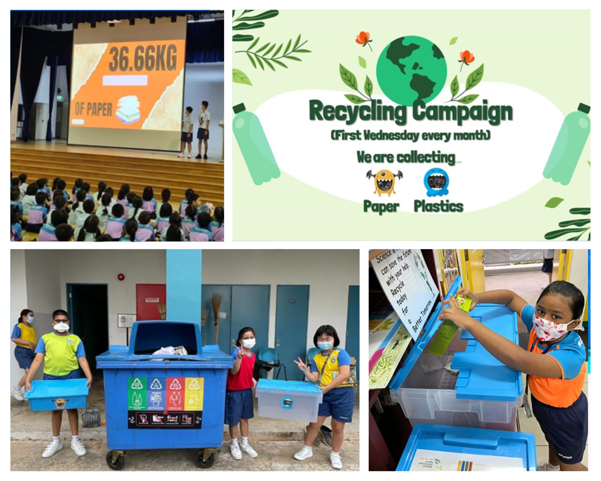 Four-panel collage showing a school recycling campaign with students, blue bins, a poster, and a slideshow displaying 36.66kg of paper.