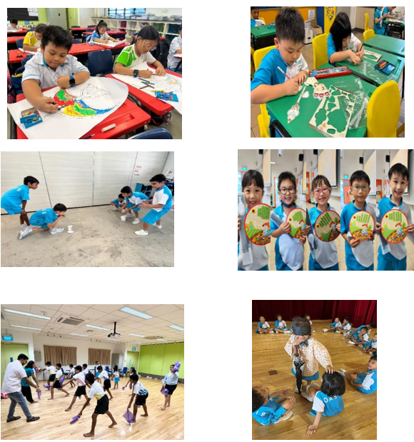 Six photos of young children in blue uniforms doing art projects, playing games, and dancing in a classroom and hall.