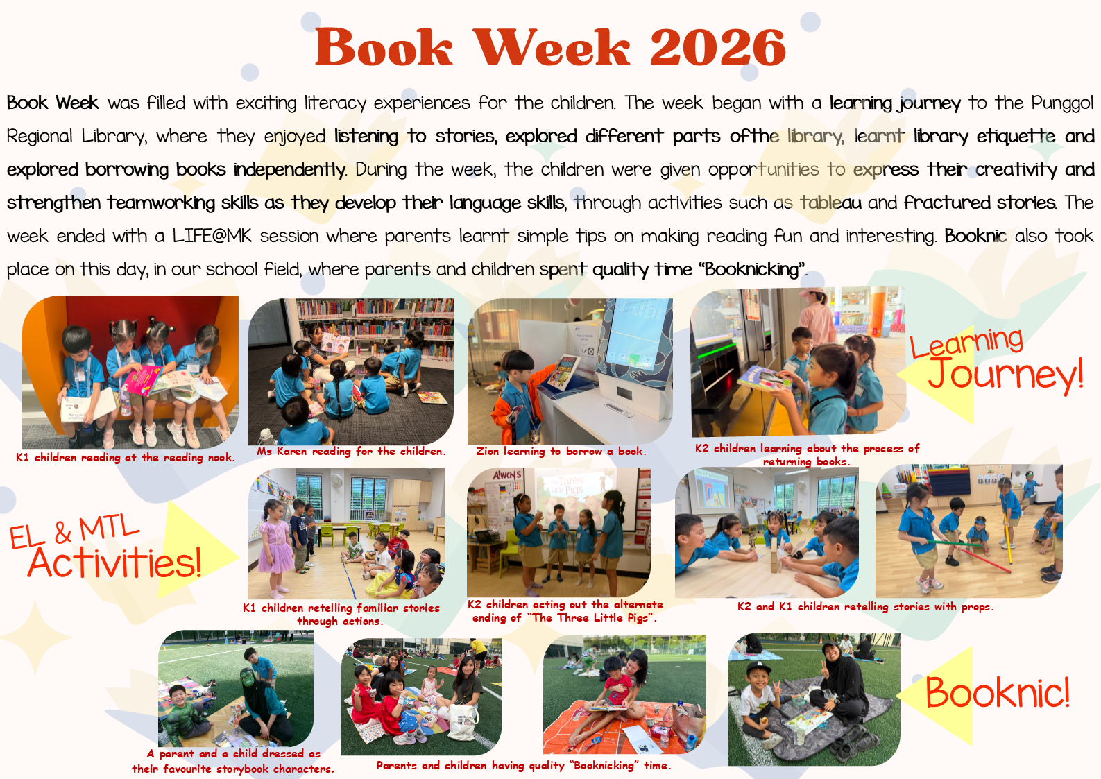 Poster showing preschool children participating in Book Week activities, including a library visit, storytelling, dramatic play, and a family book picnic to promote reading and literacy.