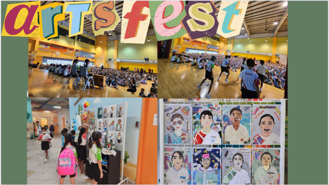 Colourful "artsfest" collage showing students in a gymnasium and children viewing painted portrait artwork on walls.