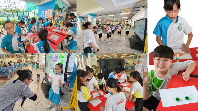A collage of children in school uniforms participating in various indoor educational activities and group exercises.
