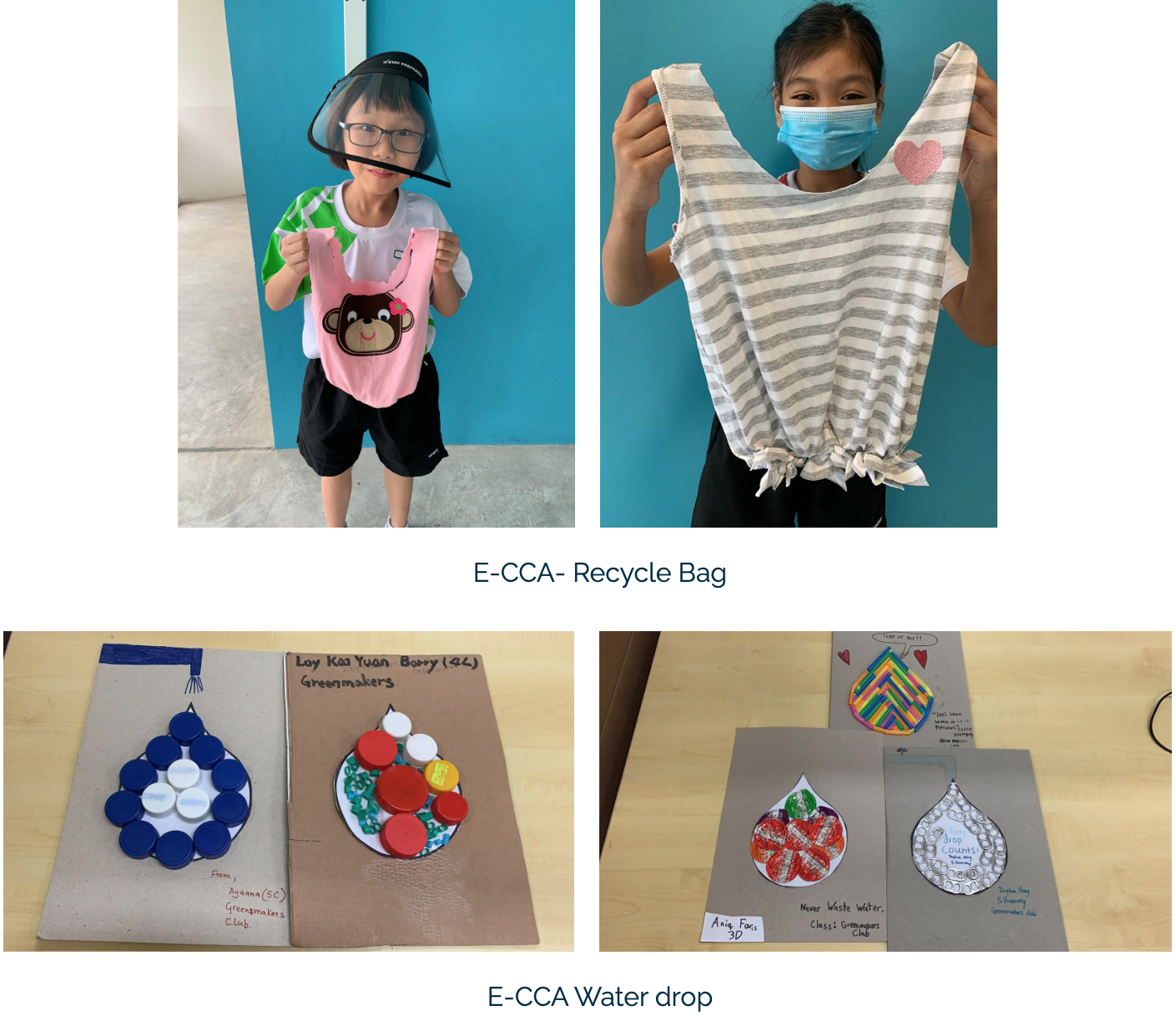 Two children hold handmade bags from old clothes; below, water drop crafts made from bottle caps on cardboard.