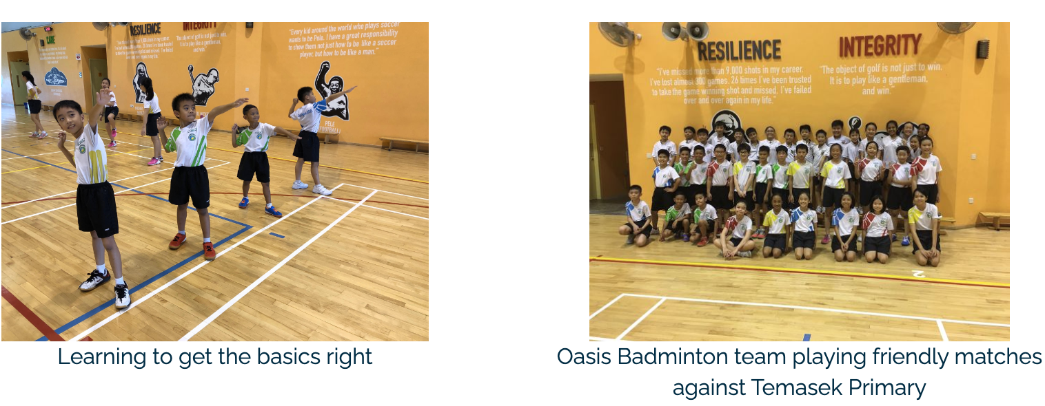 Two photos show young students in the school hall: one practicing badminton basics, another posing as a team.