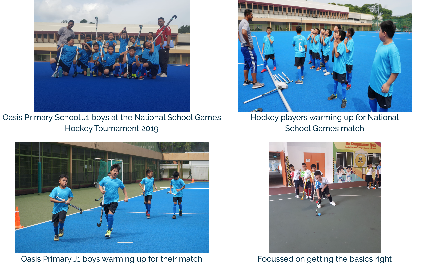 Four photos of young boys playing and training field hockey at Oasis Primary School National School Games 2019.