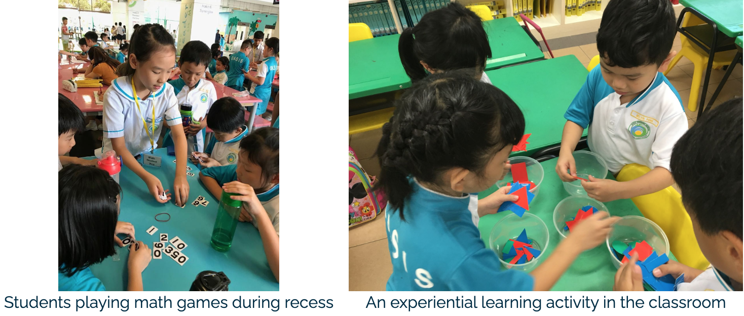 Children in school uniforms play math games with number tiles and sort colorful paper shapes into bowls.