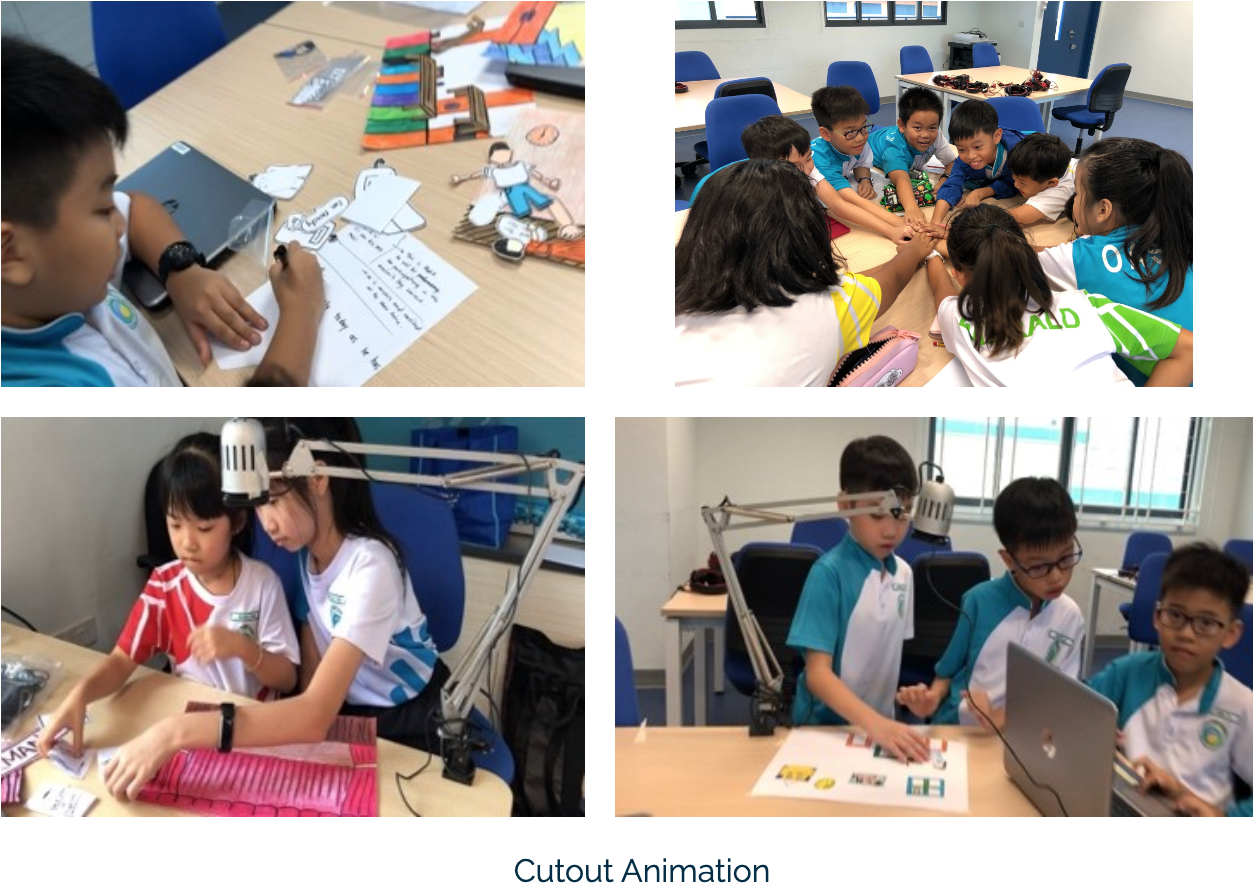 Four photos show children doing cutout animation activities, using paper figures, lamps, and laptops in a classroom.