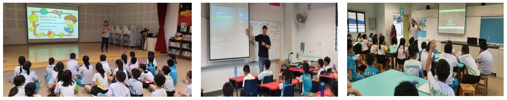 Three classroom scenes showing teachers presenting to students seated on floors or at desks, each with a projected screen.