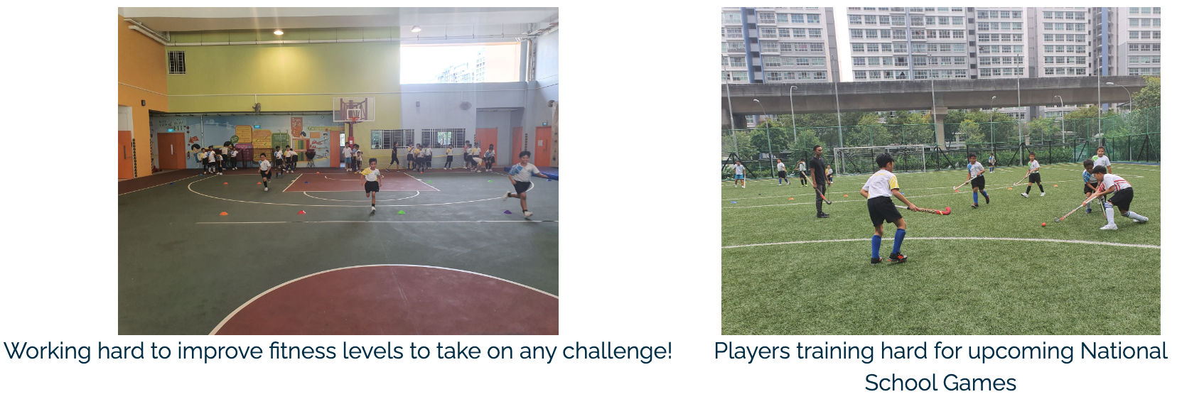 Children running in an indoor court and students playing field hockey outdoors during school sports training sessions.
