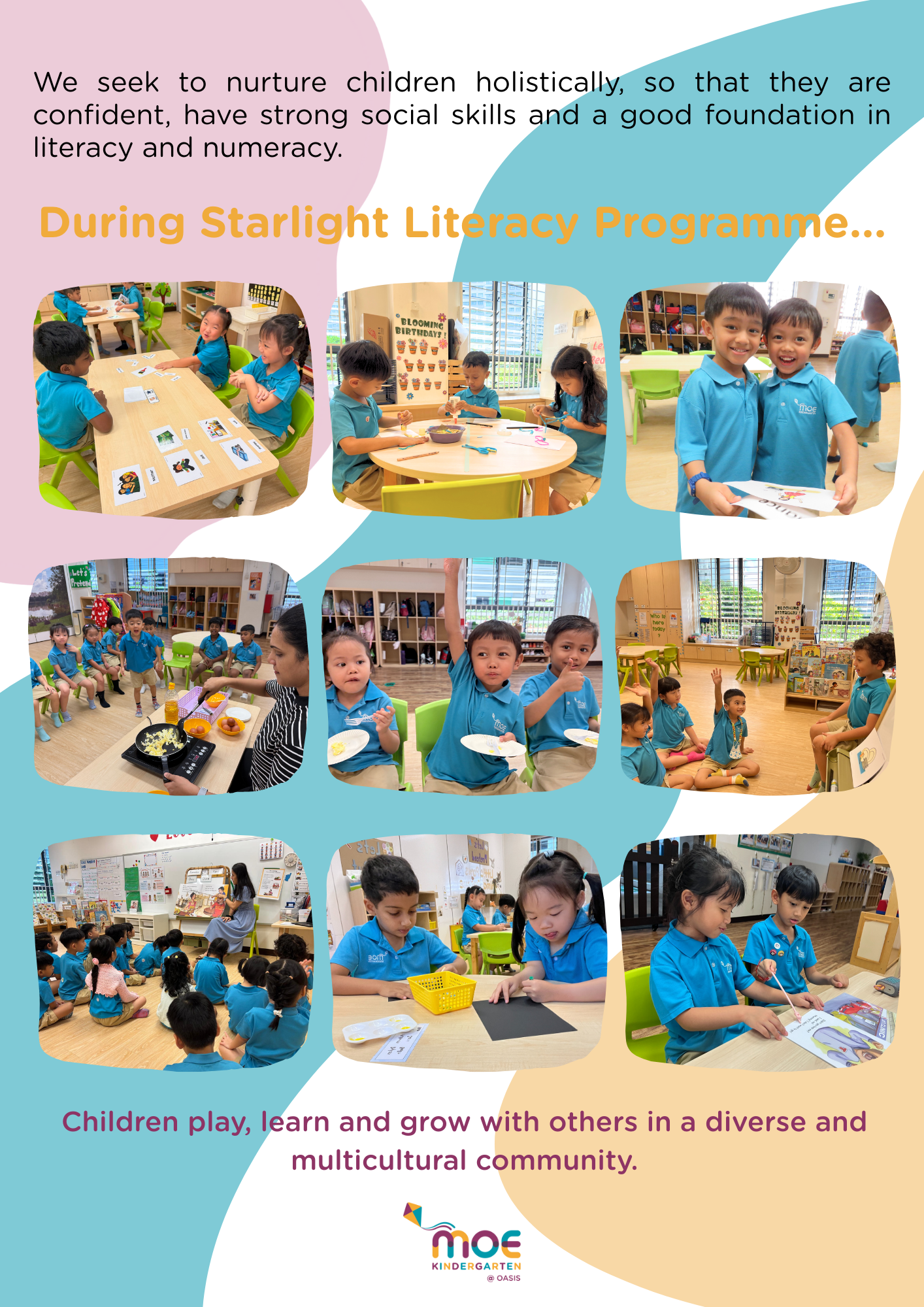 Flyer showing young children in blue uniforms doing activities in a kindergarten classroom during a literacy programme.