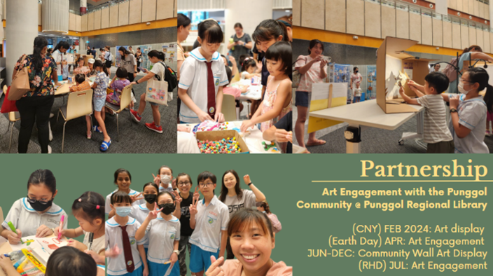 Children and adults participate in art activities at Punggol Regional Library, with a Partnership schedule listed below.