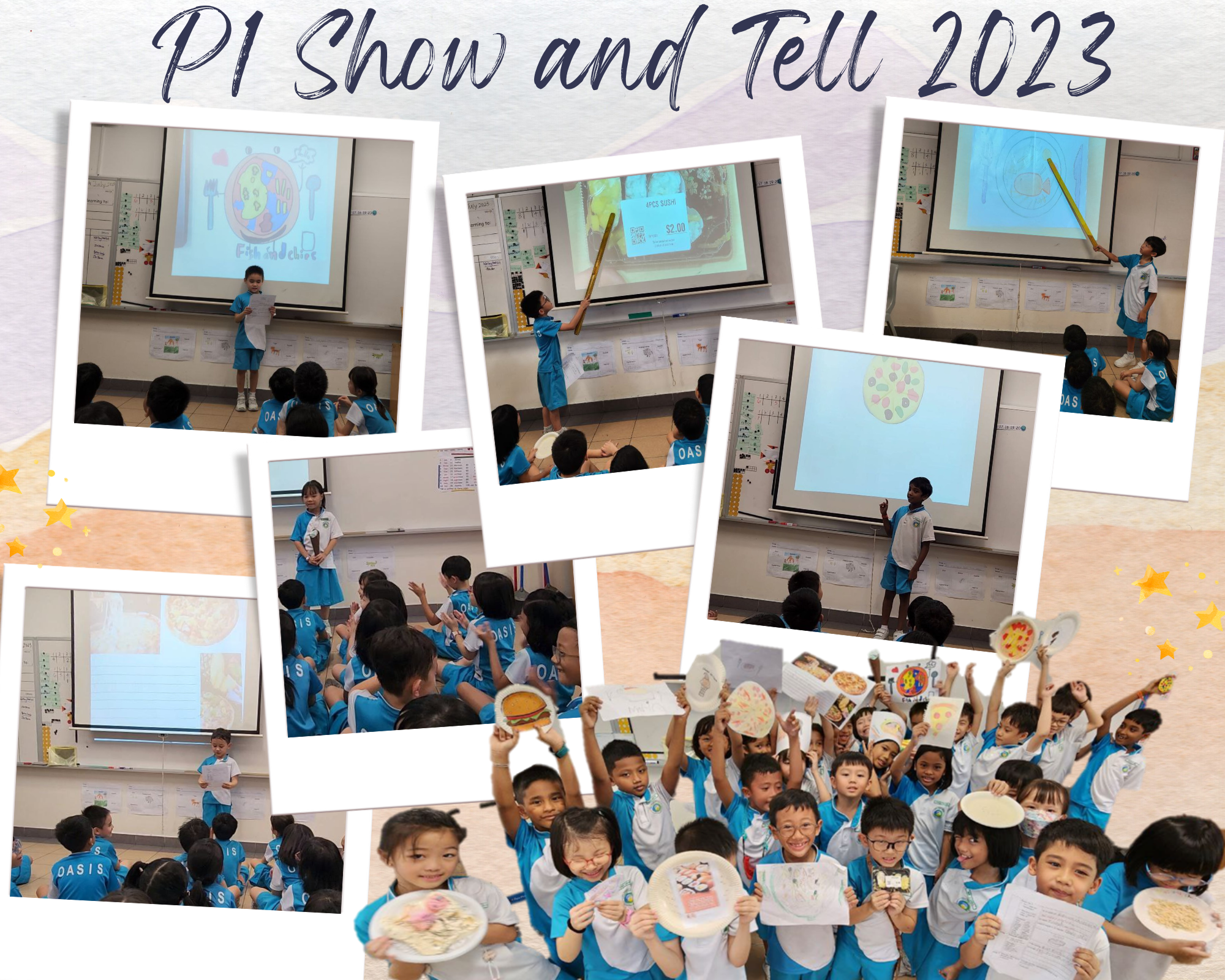 Collage of young students in blue uniforms presenting at a P1 Show and Tell 2023 event, holding food drawings.