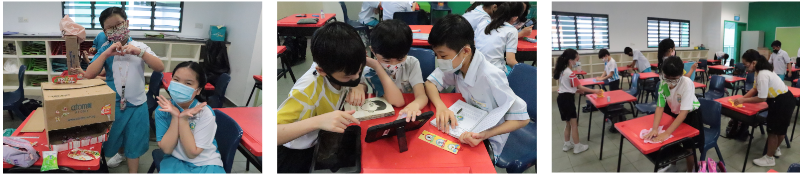 Three classroom scenes showing masked students working at red desks, posing, and collaborating on a tablet activity.