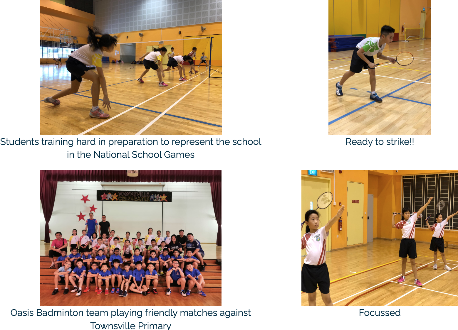 Four photos of school students playing badminton, including training drills, a group photo, and focused match play.