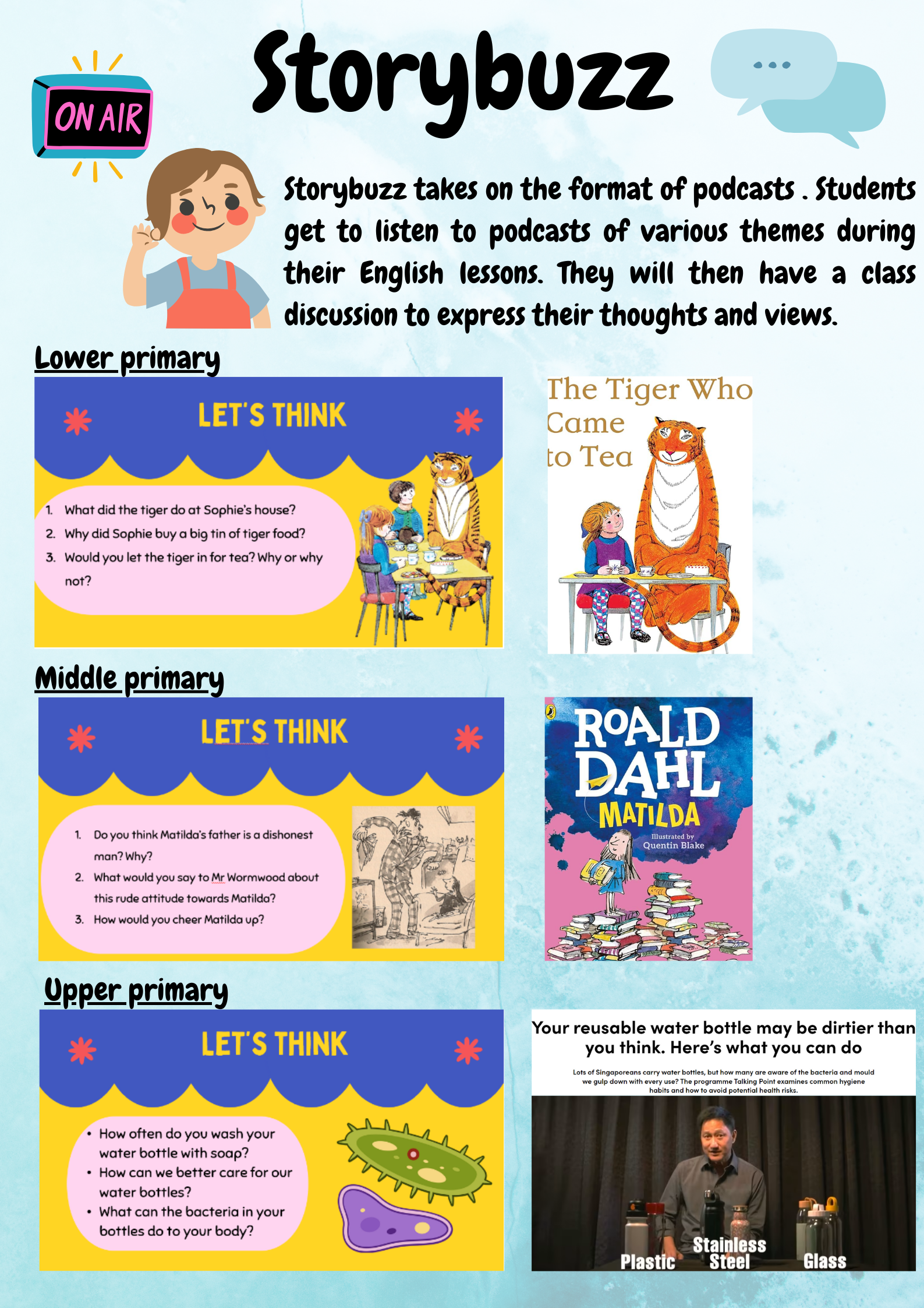Storybuzz educational flyer showing podcast-based English lessons for lower, middle, and upper primary students.