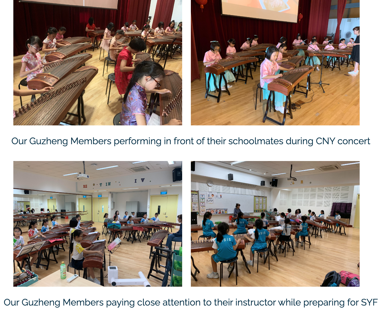 Students in traditional attire playing Guzheng on stage and in a classroom during a CNY concert and practice.