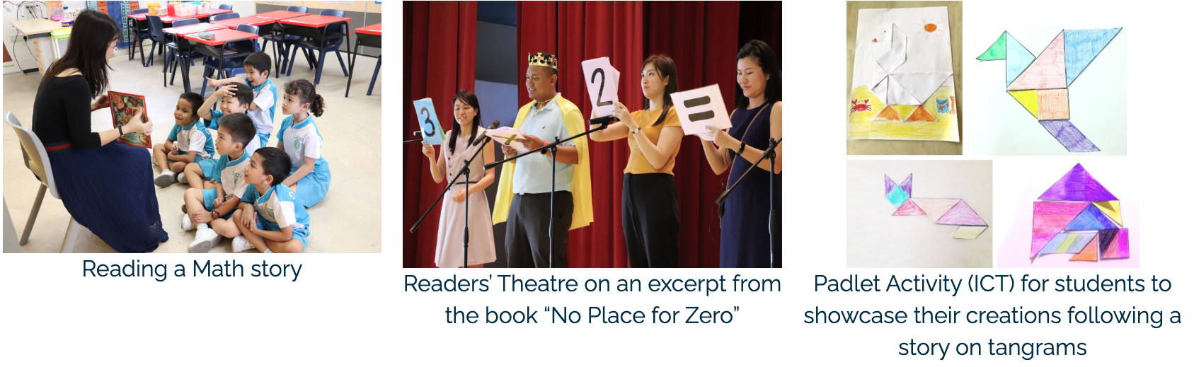 Three school activity panels: teacher reading to kids, adults on stage holding number signs, and colorful tangram artwork.