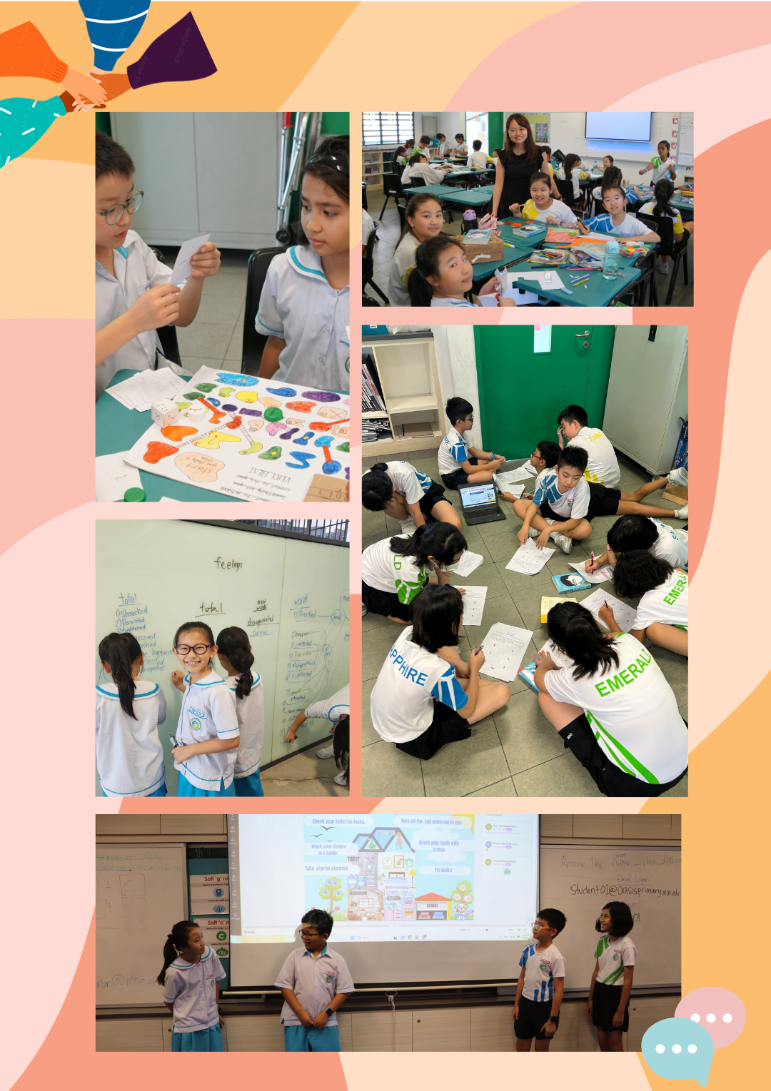 A collage of five photos showing primary school students engaged in various classroom activities and group work.