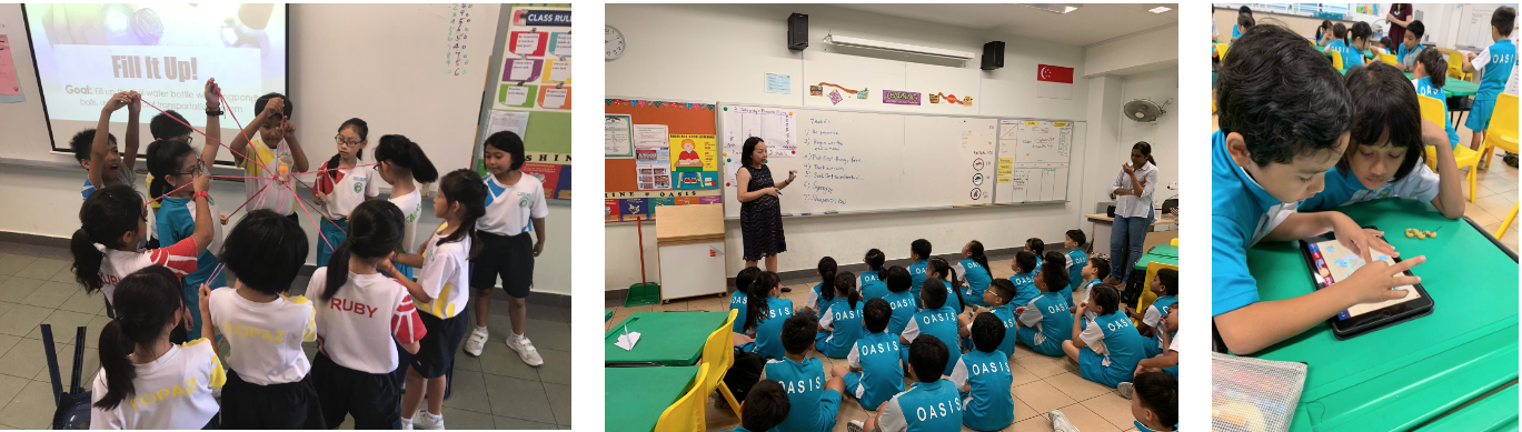 Three classroom scenes: students doing a team activity, a teacher addressing seated pupils, and a child using a tablet.