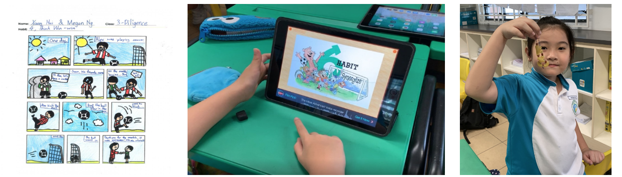 Three panels: a hand-drawn comic strip, a child tapping a tablet showing Habit 6 Synergize, and a girl holding a bracelet.