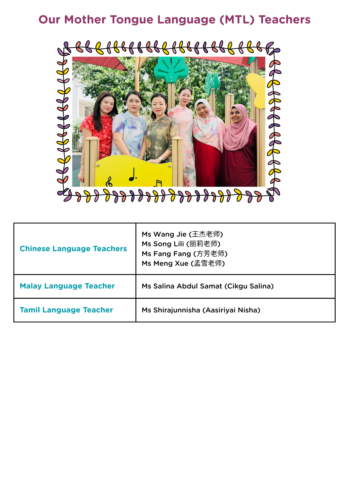 Six MTL teachers posing outdoors, listed as Mother Tongue Language teachers for Chinese, Malay, and Tamil subjects.