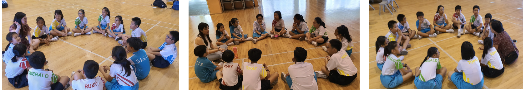 Children in school uniforms sit in circles on a gymnasium floor in three separate group activity scenes.