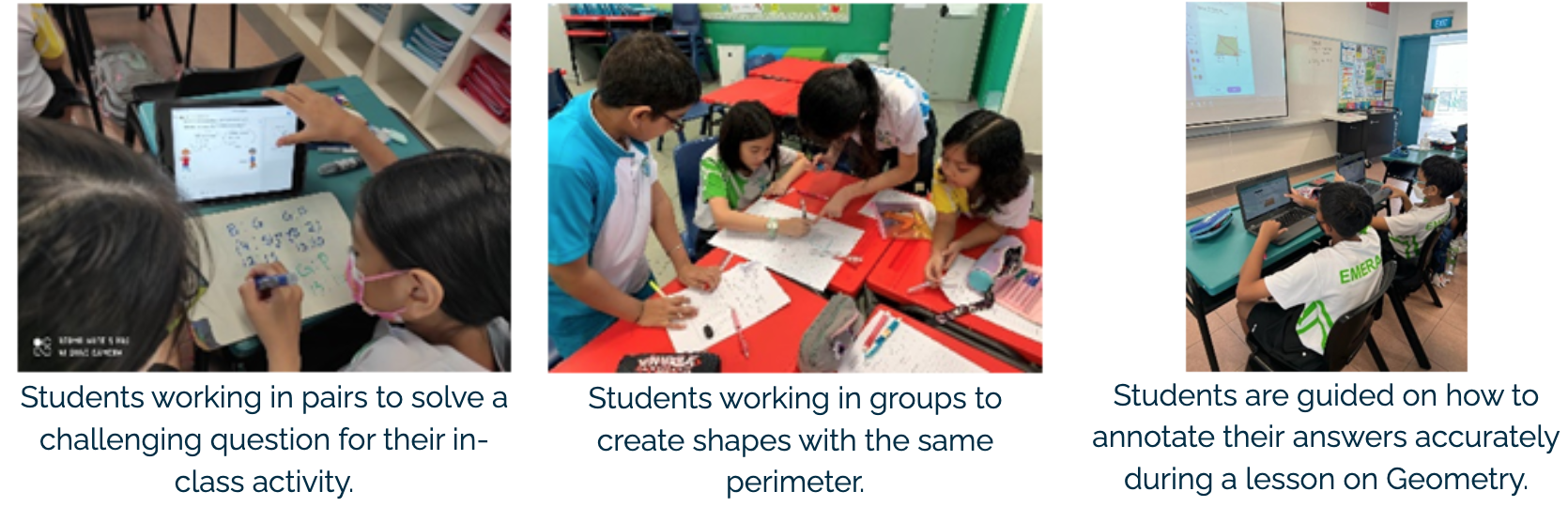 Three classroom scenes show students collaborating on math activities involving tablets, drawing shapes, and using laptops.