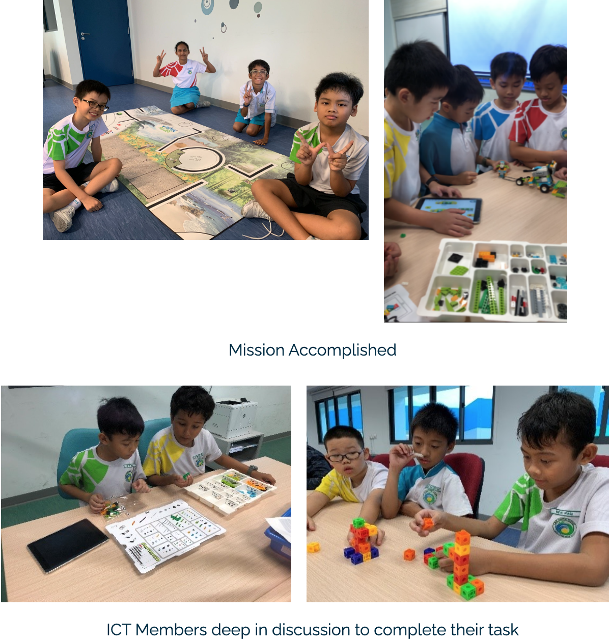 Four photos show young students in school uniforms doing group activities with LEGO, blocks, and large printed maps.