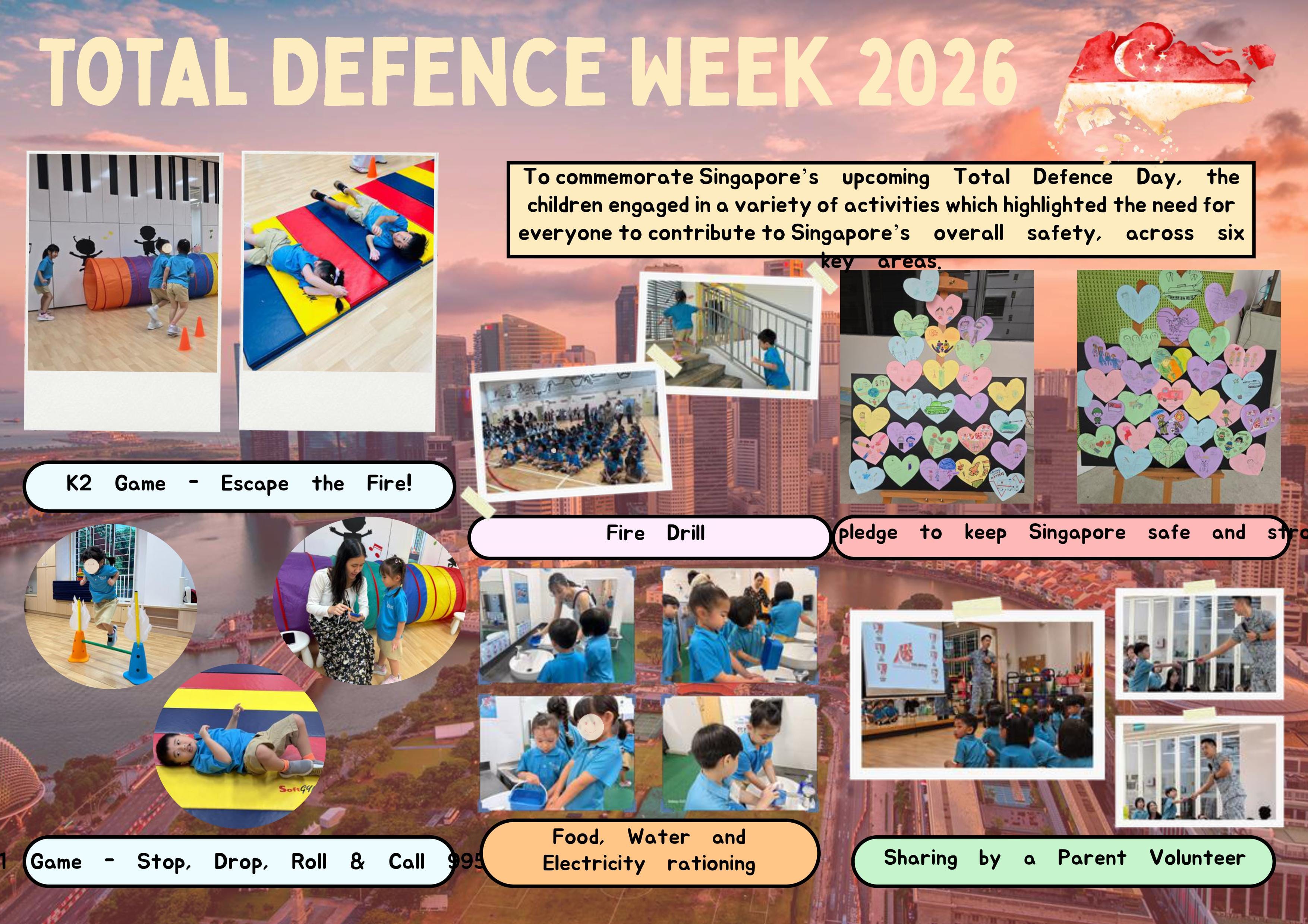 Children take part in Total Defence Week activities, including fire safety games, emergency drills, and hands-on learning about preparedness.