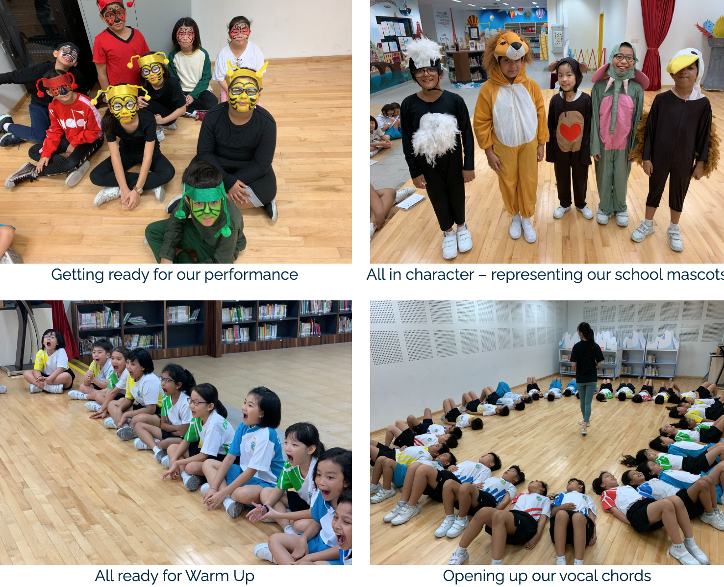 Four photos of students in face paint and animal costumes preparing for a school performance with warm-up exercises.
