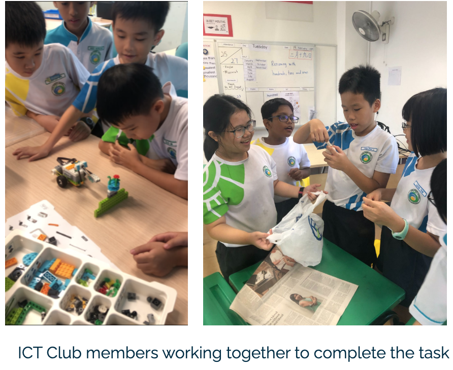 Students in white uniforms collaborate on LEGO robotics and a craft project using newspaper in a classroom.