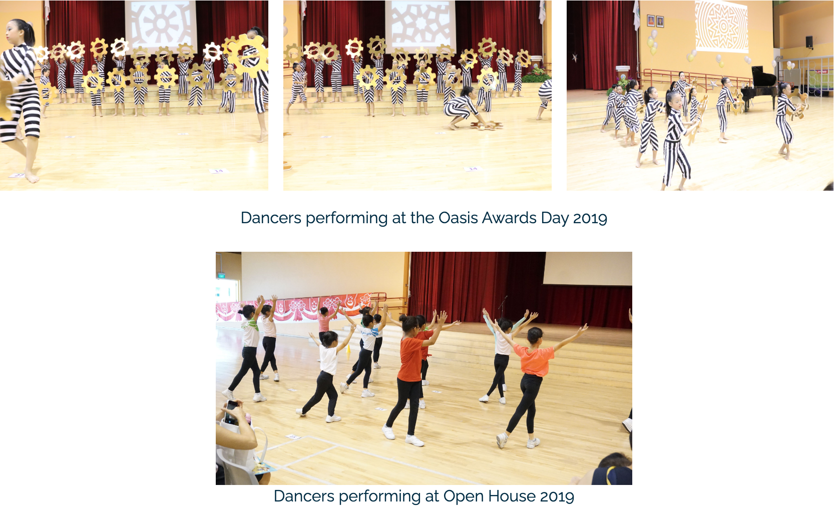Children in striped costumes with gold gear props perform on stage at Awards Day, and in casual clothes at Open House 2019.