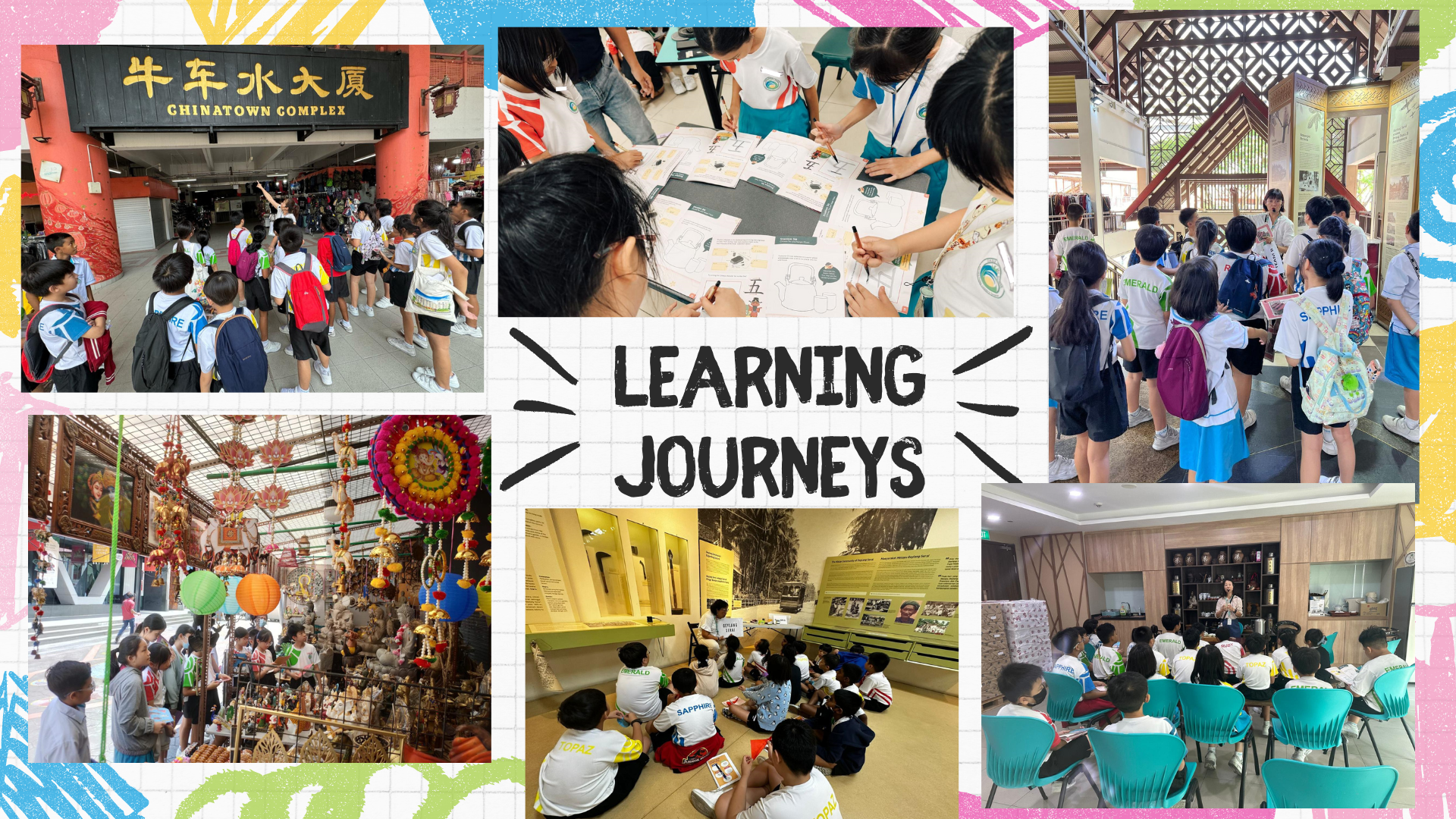 Collage of students on Learning Journeys visiting Chinatown Complex, museums, and cultural sites in Singapore.
