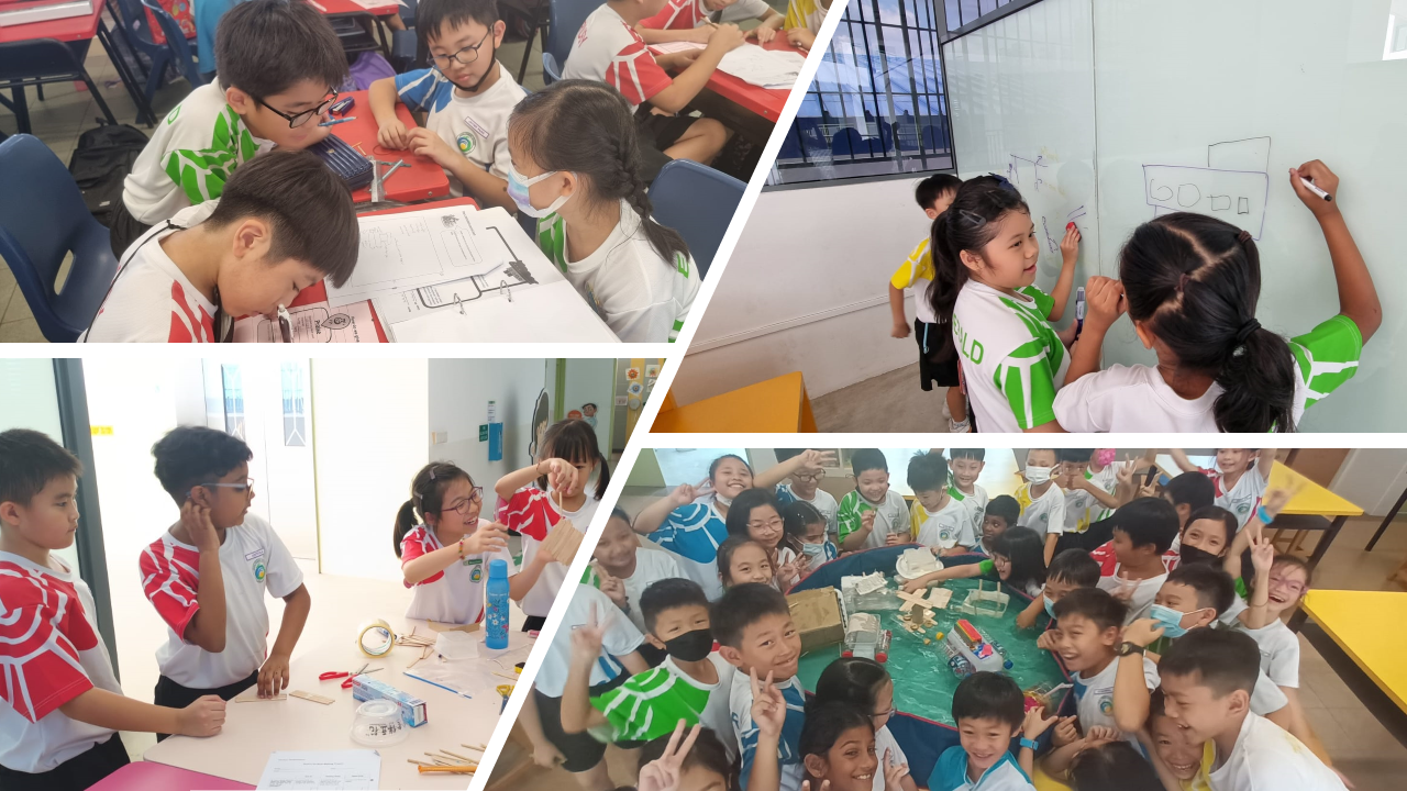 Four scenes of young students in uniforms doing hands-on classroom activities, drawing on whiteboards, and posing together smiling.