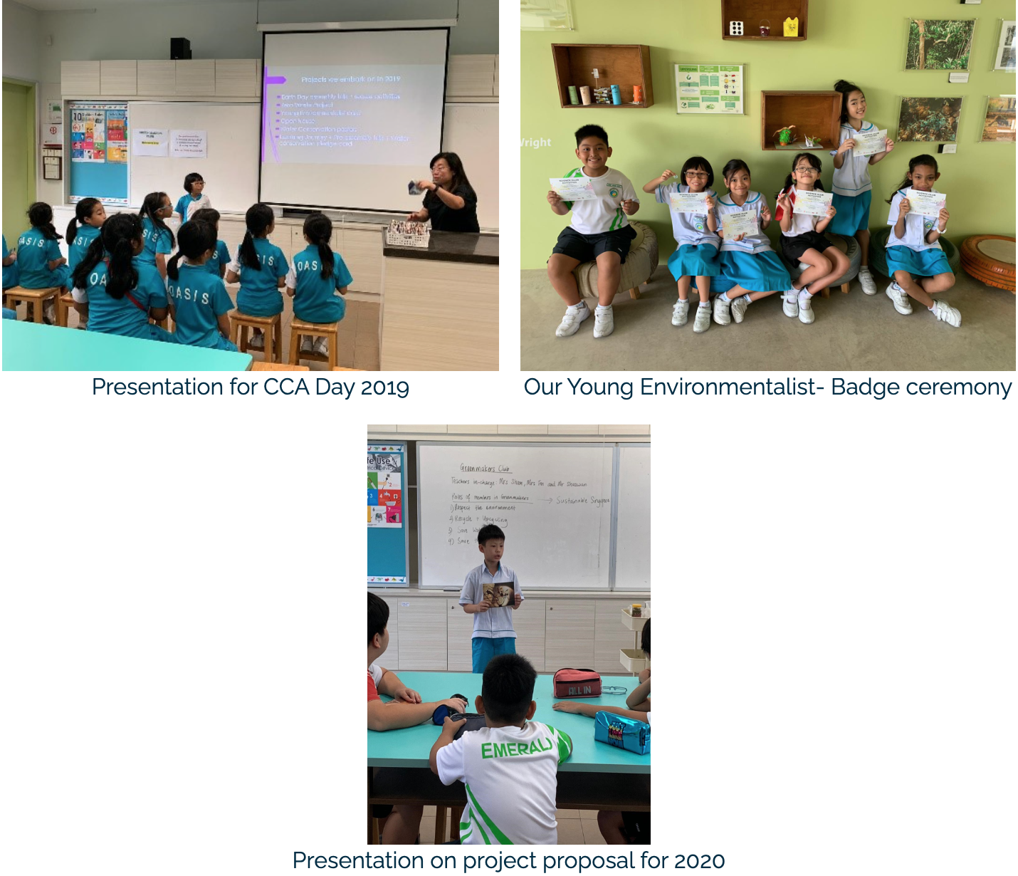 Three school photos: students presenting at CCA Day 2019, kids holding certificates, and a boy presenting to classmates.