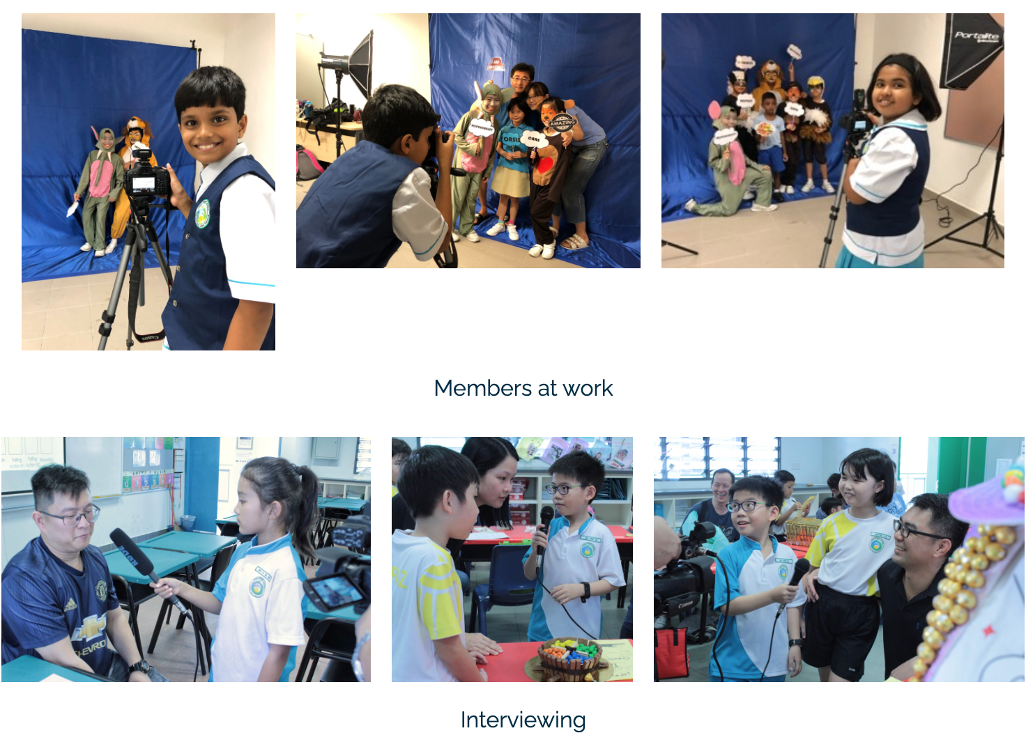 Students in school uniforms operating cameras at a blue backdrop studio and conducting microphone interviews in classrooms.