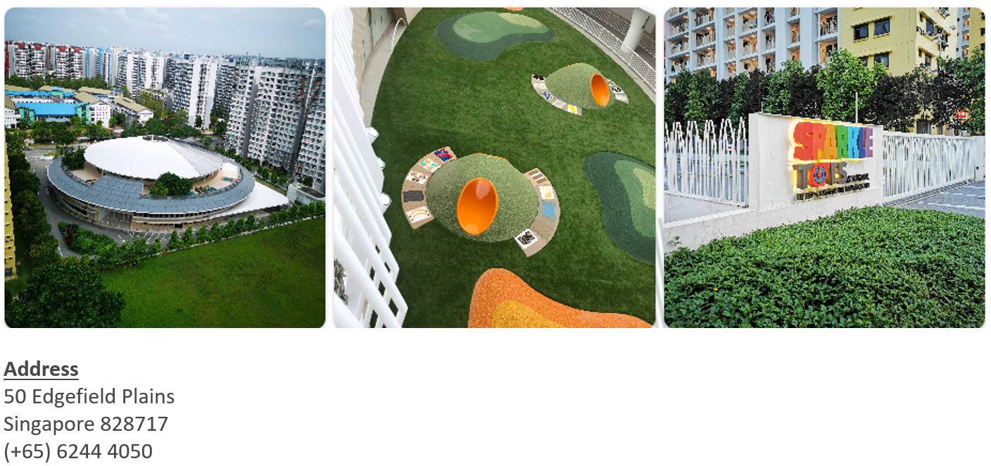 Three photos: aerial city view with oval building, green rooftop playground with orange tunnels, and a colourful Sparkle Tots sign.